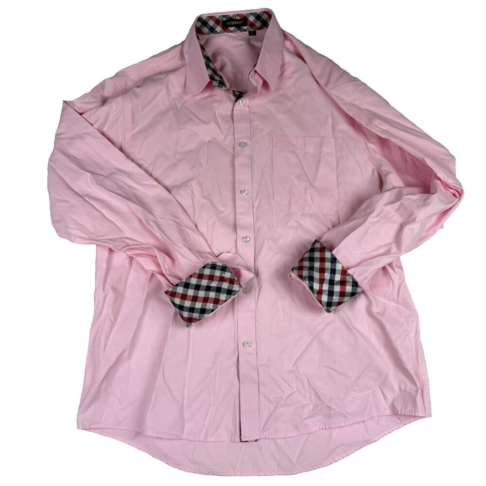 Pink Hisdern Mens Dress Shirt Size Large 17‎ Checkered Flip Cuff